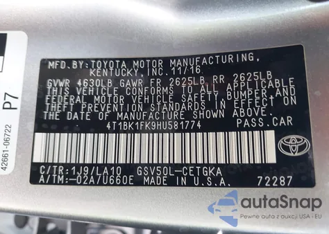 2017 Toyota Camry Xle V6 из США, поврежденный, VIN 4T1BK1FK9HU581774